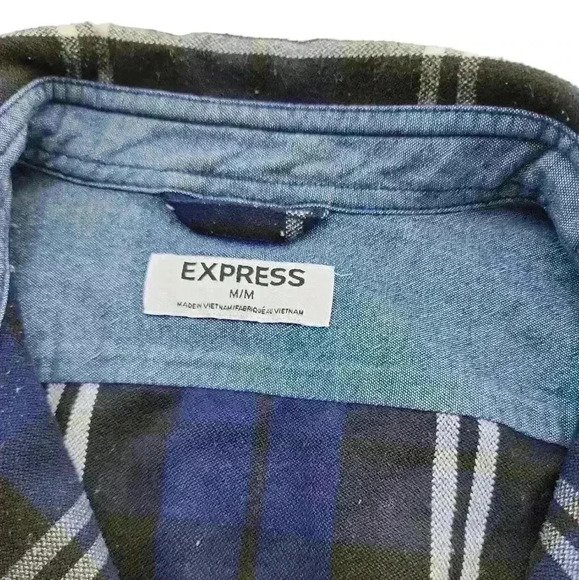 Men's Express Button Down shirt jacket Fitted - Blue Plaid (Men's US Medium) - Picture 2 of 4